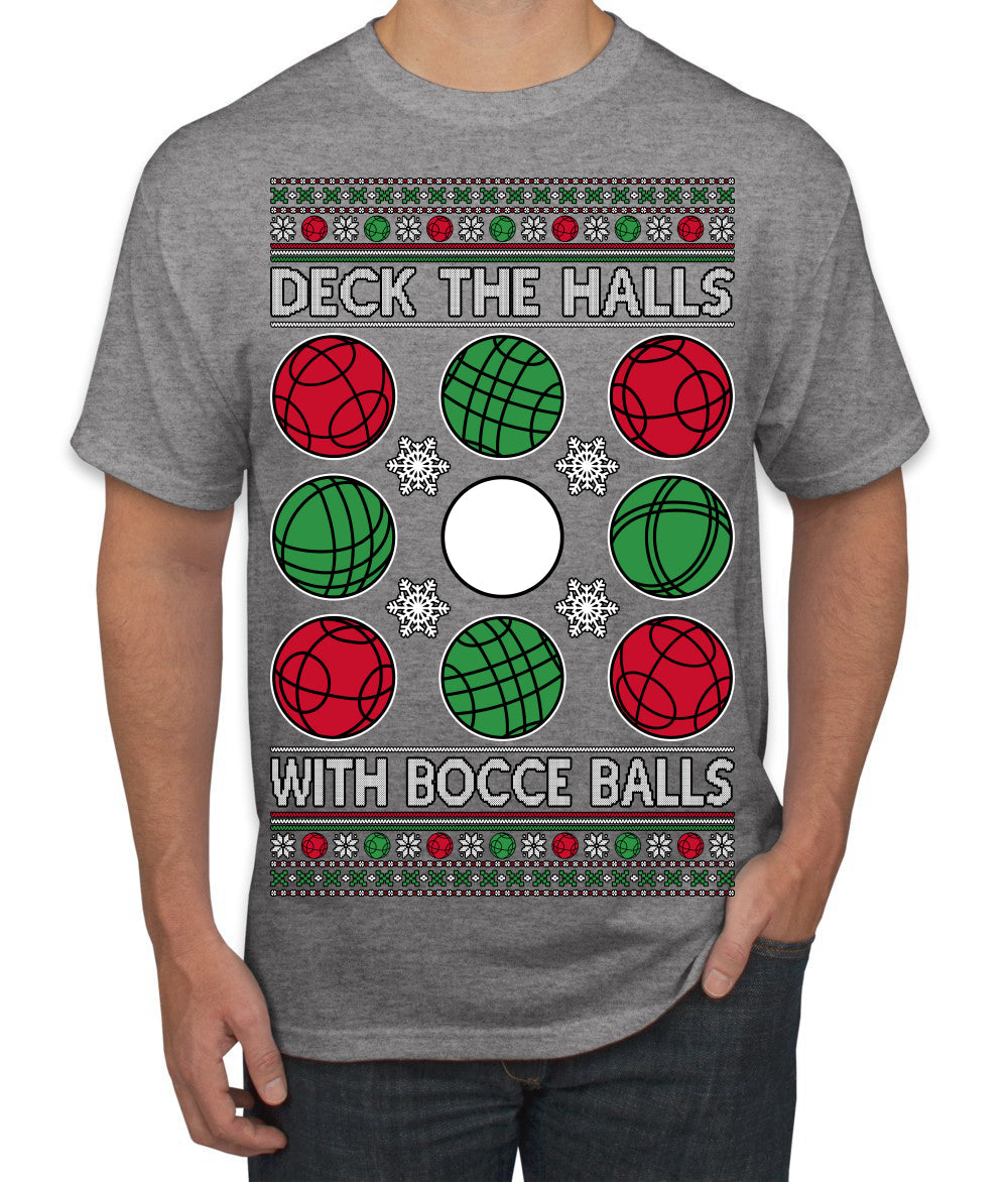 Deck the Halls with Bocce Balls, Funny Classic Italy Italian Sports Ugly Christmas Sweater Men's T-Shirt