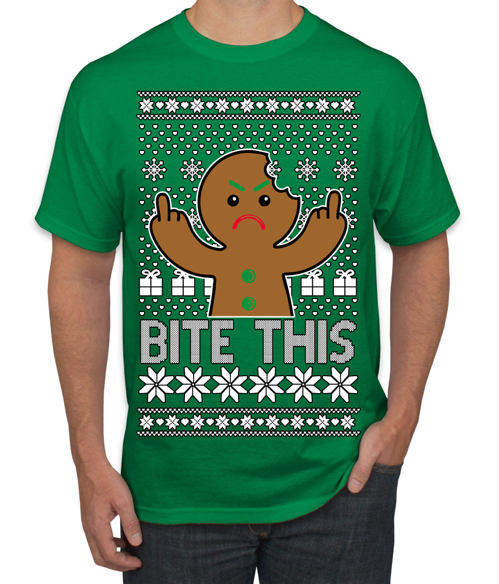 Bite This, Funny Gingerbread Cookie Offensive Inappropriate Middle Finger, F U Ginger Bread Dirty Novelty Xmas Ugly Christmas Sweater Men's T-Shirt