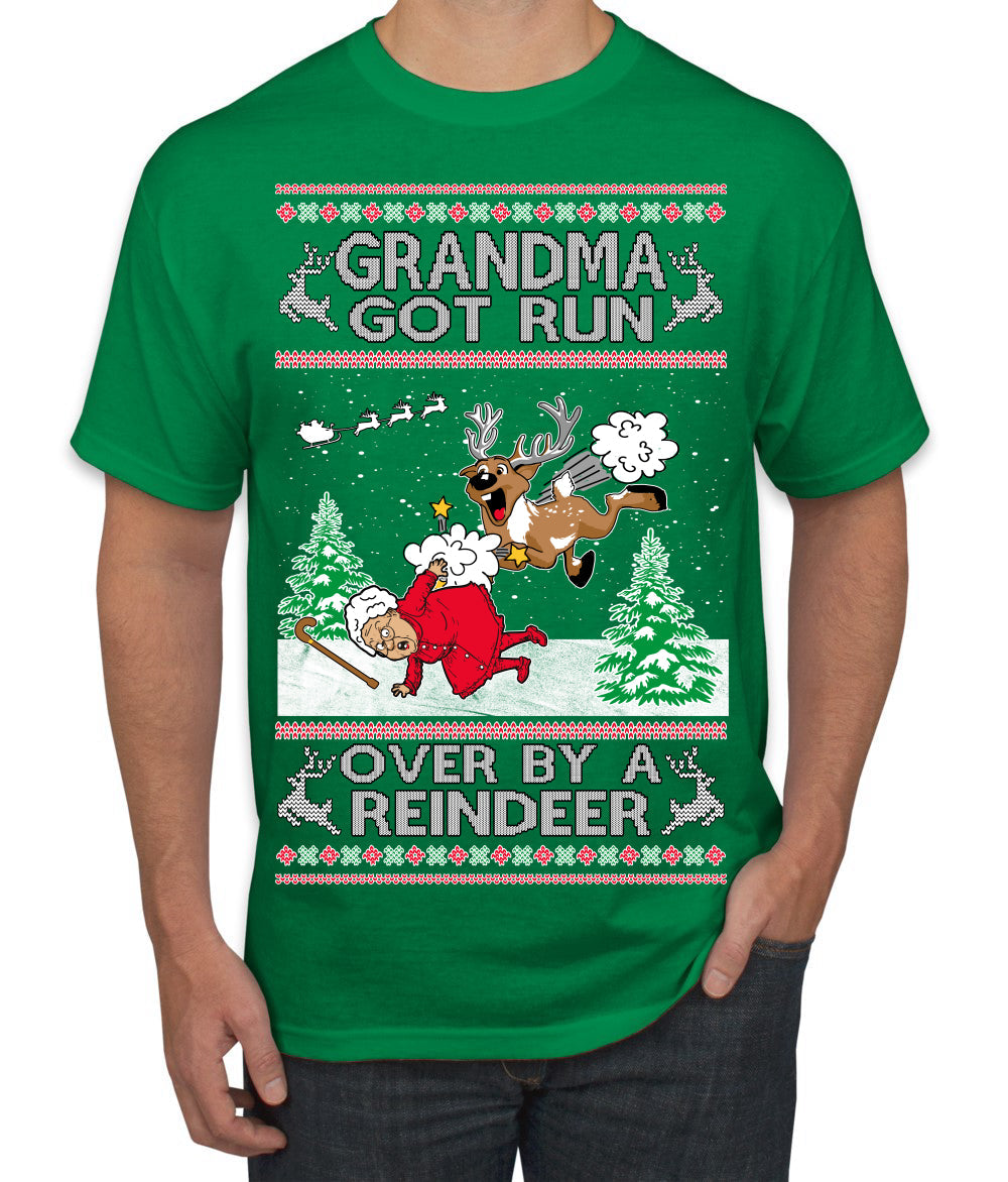 Grandma Got Run Over by a Reindeer, Funny Animated Design Rein Deer Kids TV Song Movie Ugly Christmas Sweater Men's T-Shirt