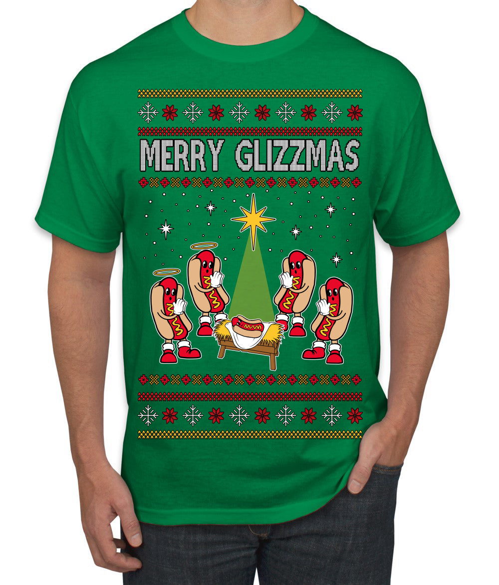 Merry Glizzmas, Funny Glizzy Hot Dog Baby Jesus Catholic Nativity, Fast Food Mustard Condiment Glizzys Humor Ugly Christmas Sweater Men's T-Shirt