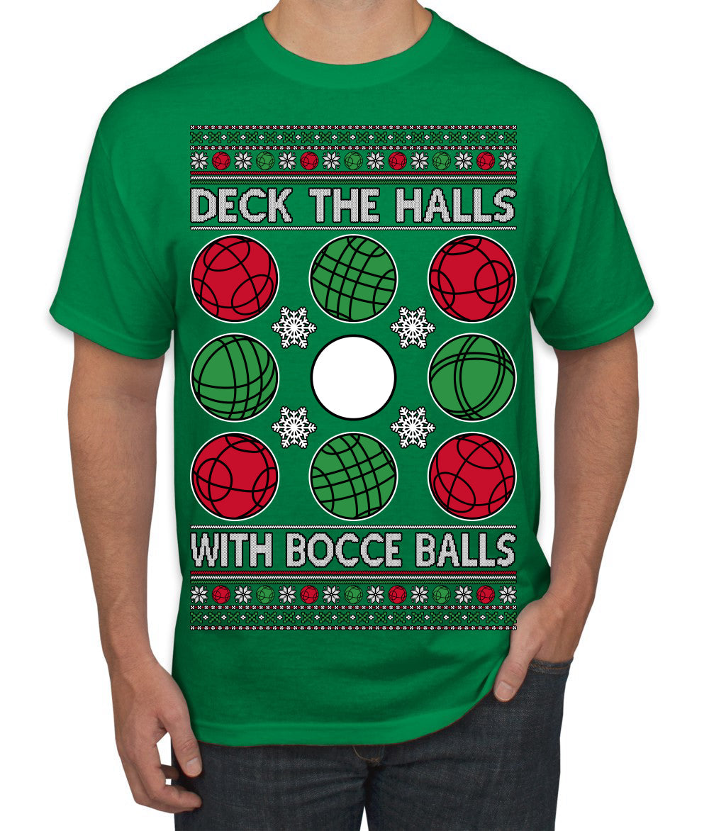 Deck the Halls with Bocce Balls, Funny Classic Italy Italian Sports Ugly Christmas Sweater Men's T-Shirt