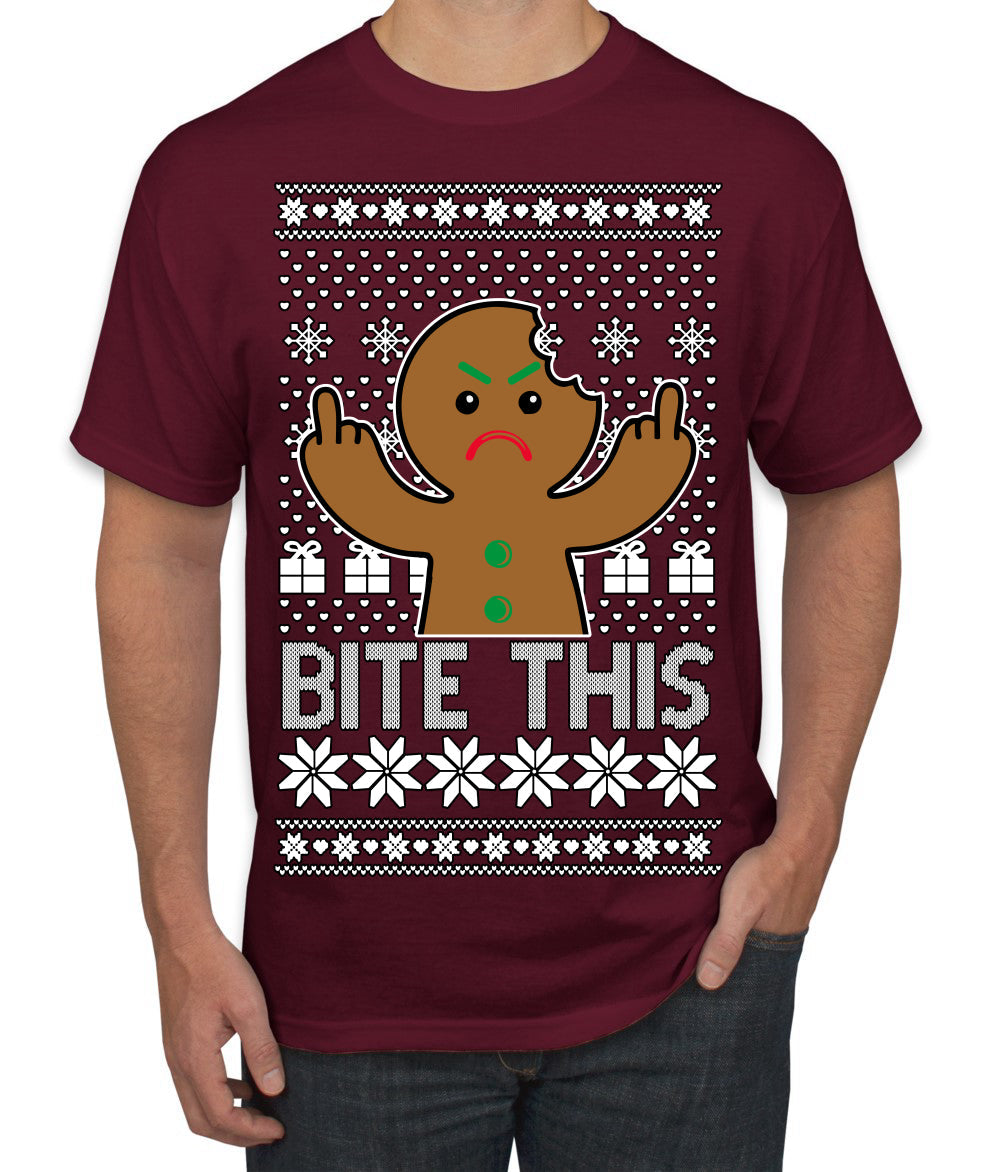 Bite This, Funny Gingerbread Cookie Offensive Inappropriate Middle Finger, F U Ginger Bread Dirty Novelty Xmas Ugly Christmas Sweater Men's T-Shirt