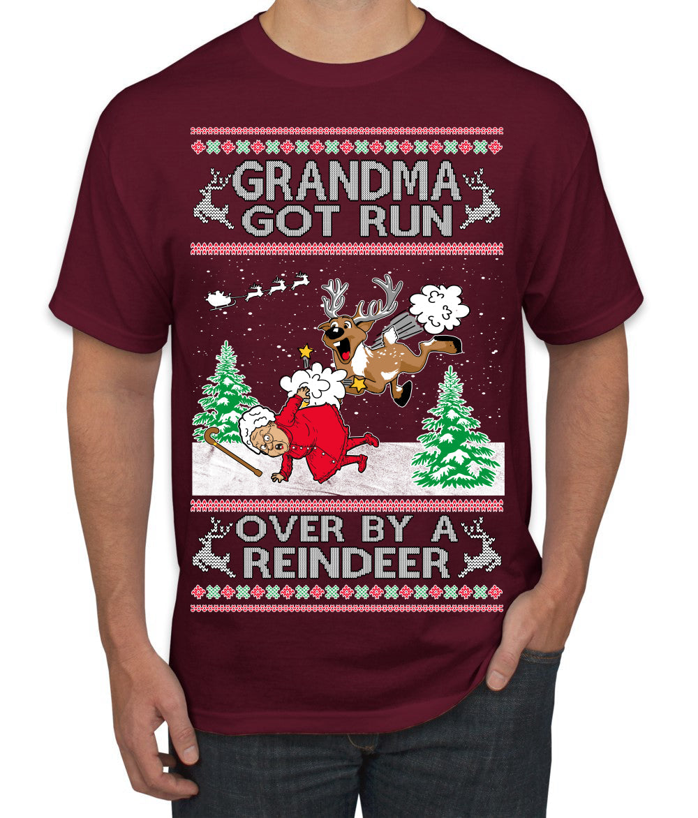 Grandma Got Run Over by a Reindeer, Funny Animated Design Rein Deer Kids TV Song Movie Ugly Christmas Sweater Men's T-Shirt