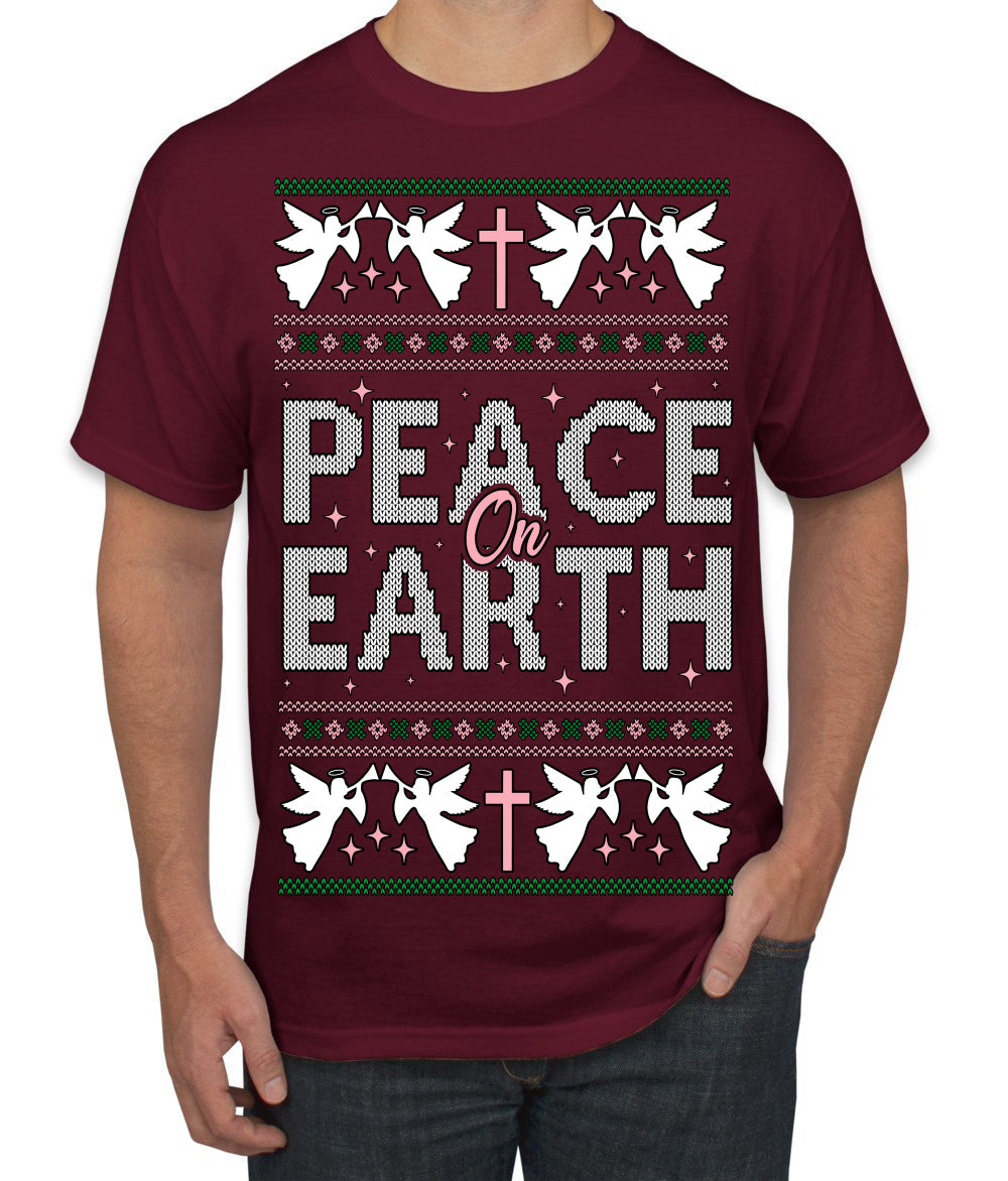 Peace On Earth Funny Xmas Cute Pink Angel Cross Ugly Christmas Sweater Men's T-Shirt