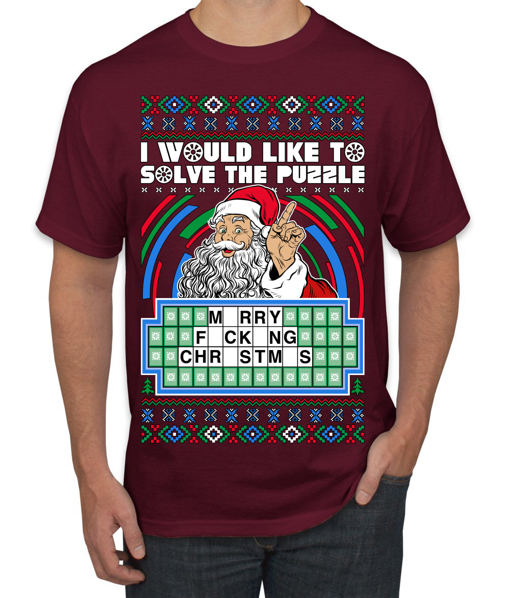 Santa Game Show I'd Like To Solve the Puzzle Wheel Ugly Christmas Sweater Men's T-Shirt