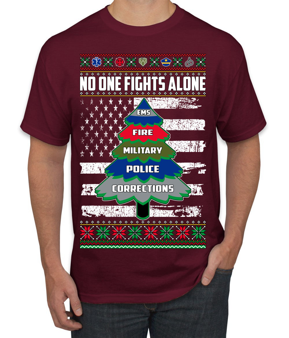 No One Fights Alone Holiday First Responder Police Fire Emt Ugly Christmas Sweater Men's T-Shirt