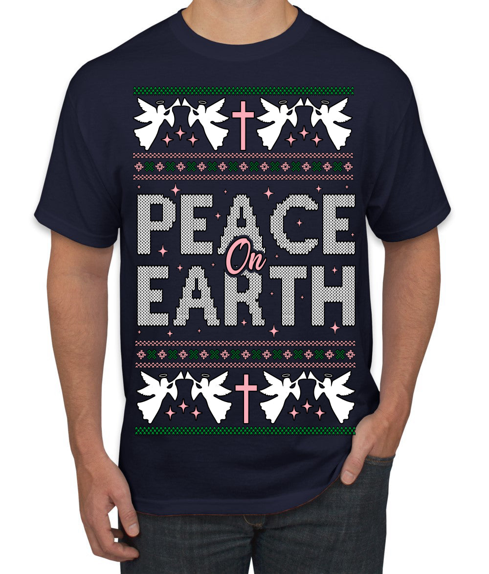Peace On Earth Funny Xmas Cute Pink Angel Cross Ugly Christmas Sweater Men's T-Shirt