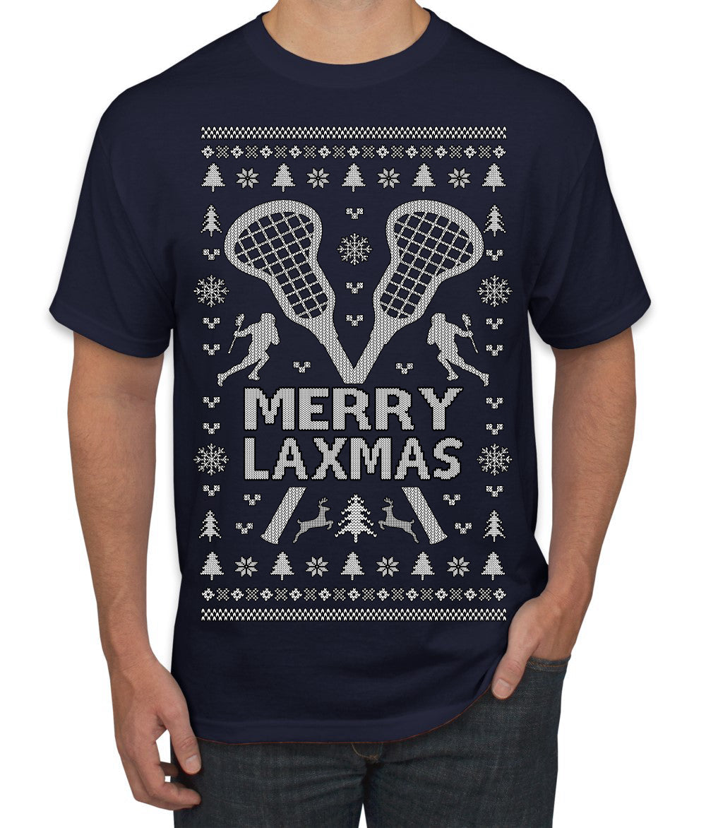 Merry Laxmas Funny Lacrosse Sports LAX Teen Sports Pun Ugly Christmas Sweater Men's T-Shirt