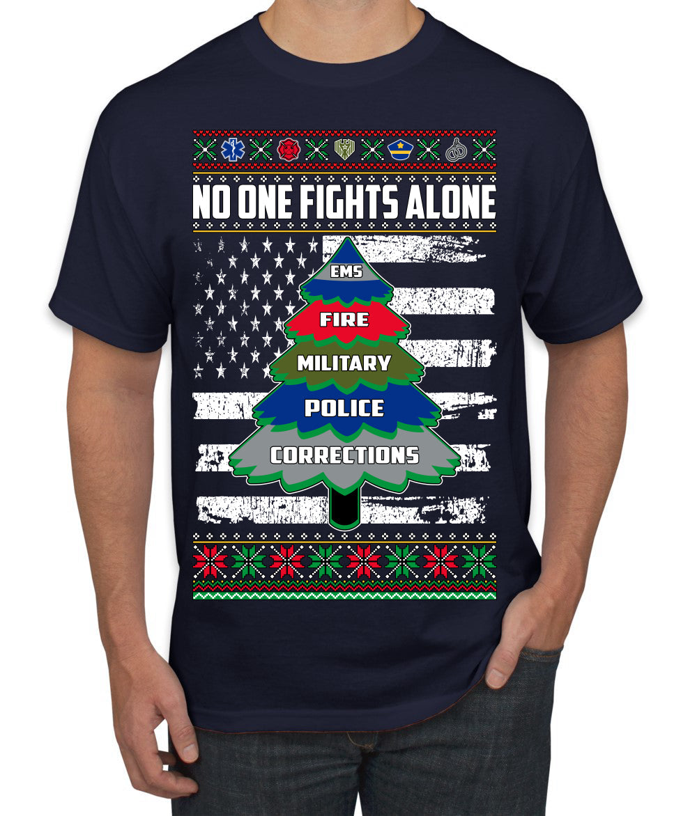 No One Fights Alone Holiday First Responder Police Fire Emt Ugly Christmas Sweater Men's T-Shirt