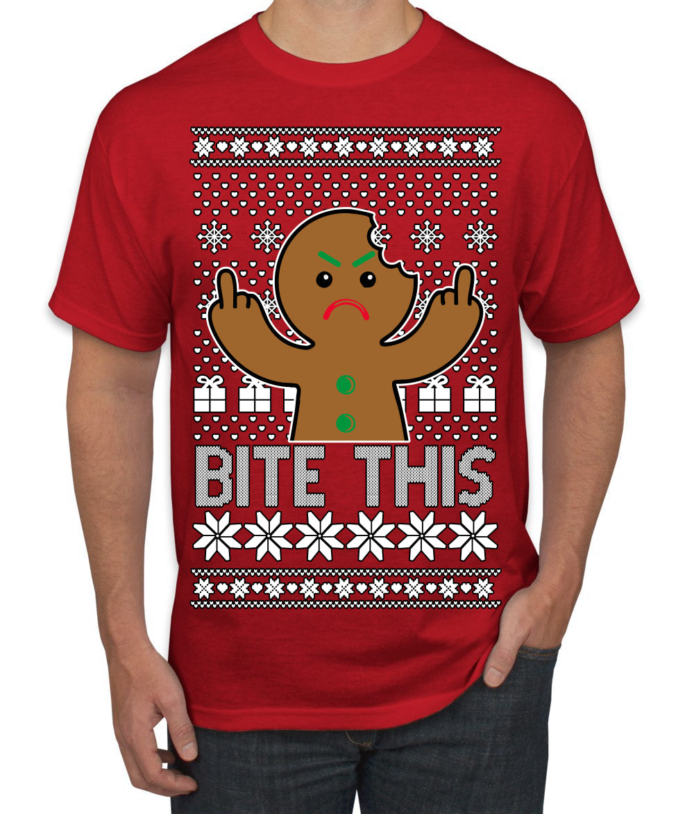 Bite This, Funny Gingerbread Cookie Offensive Inappropriate Middle Finger, F U Ginger Bread Dirty Novelty Xmas Ugly Christmas Sweater Men's T-Shirt