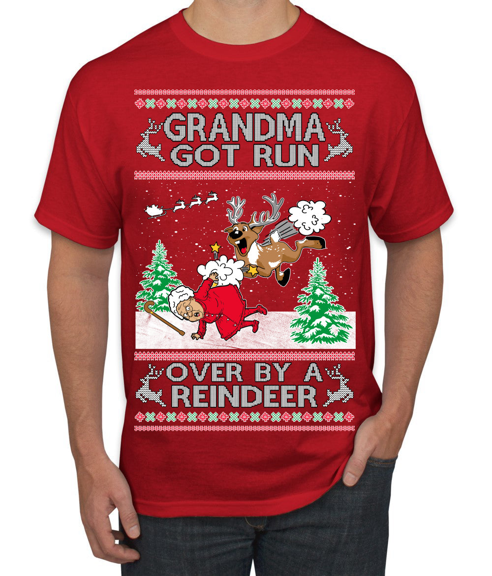 Grandma Got Run Over by a Reindeer, Funny Animated Design Rein Deer Kids TV Song Movie Ugly Christmas Sweater Men's T-Shirt