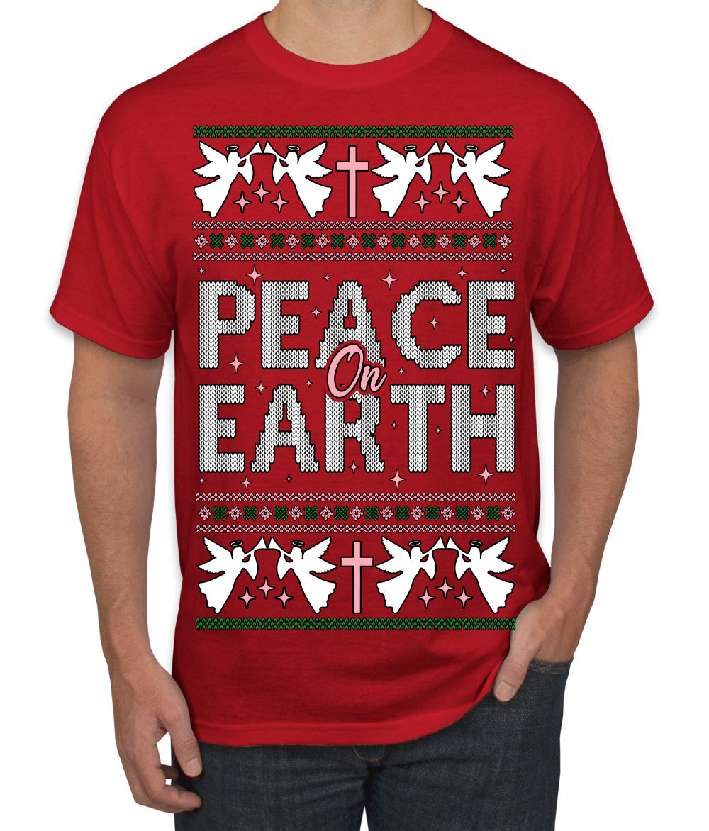 Peace On Earth Funny Xmas Cute Pink Angel Cross Ugly Christmas Sweater Men's T-Shirt
