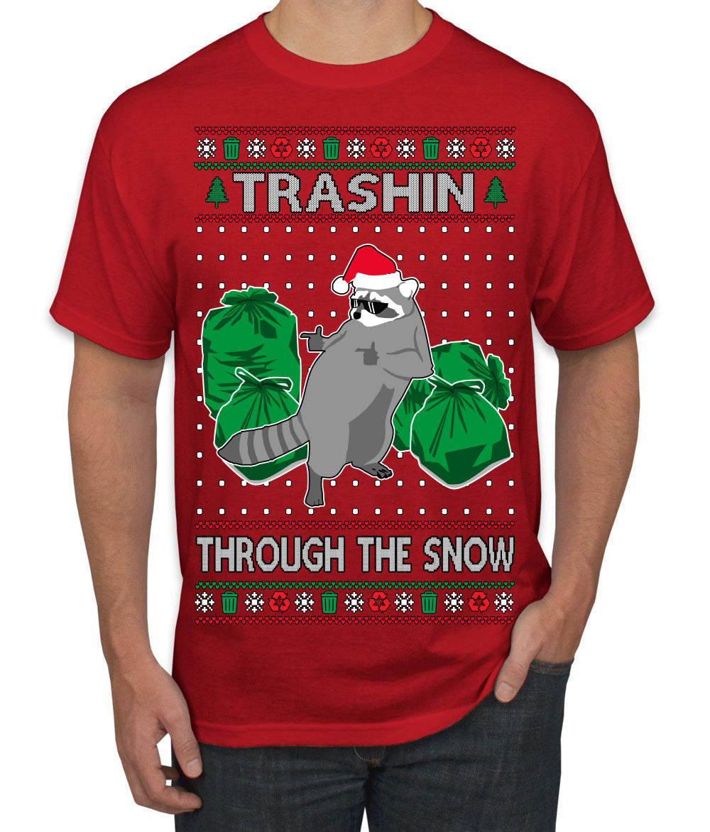 Trashin Through the Snow Funny Trash Panda Raccoon Meme Ugly Christmas Sweater Men's T-Shirt