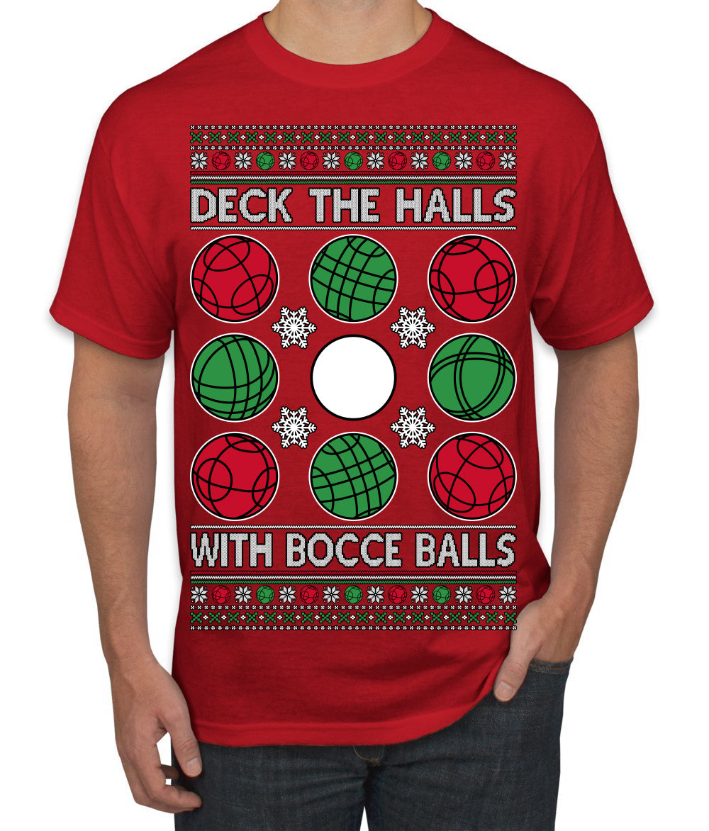 Deck the Halls with Bocce Balls, Funny Classic Italy Italian Sports Ugly Christmas Sweater Men's T-Shirt