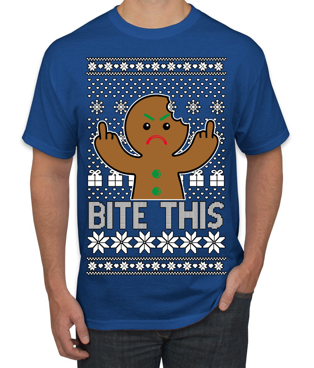 Bite This, Funny Gingerbread Cookie Offensive Inappropriate Middle Finger, F U Ginger Bread Dirty Novelty Xmas Ugly Christmas Sweater Men's T-Shirt