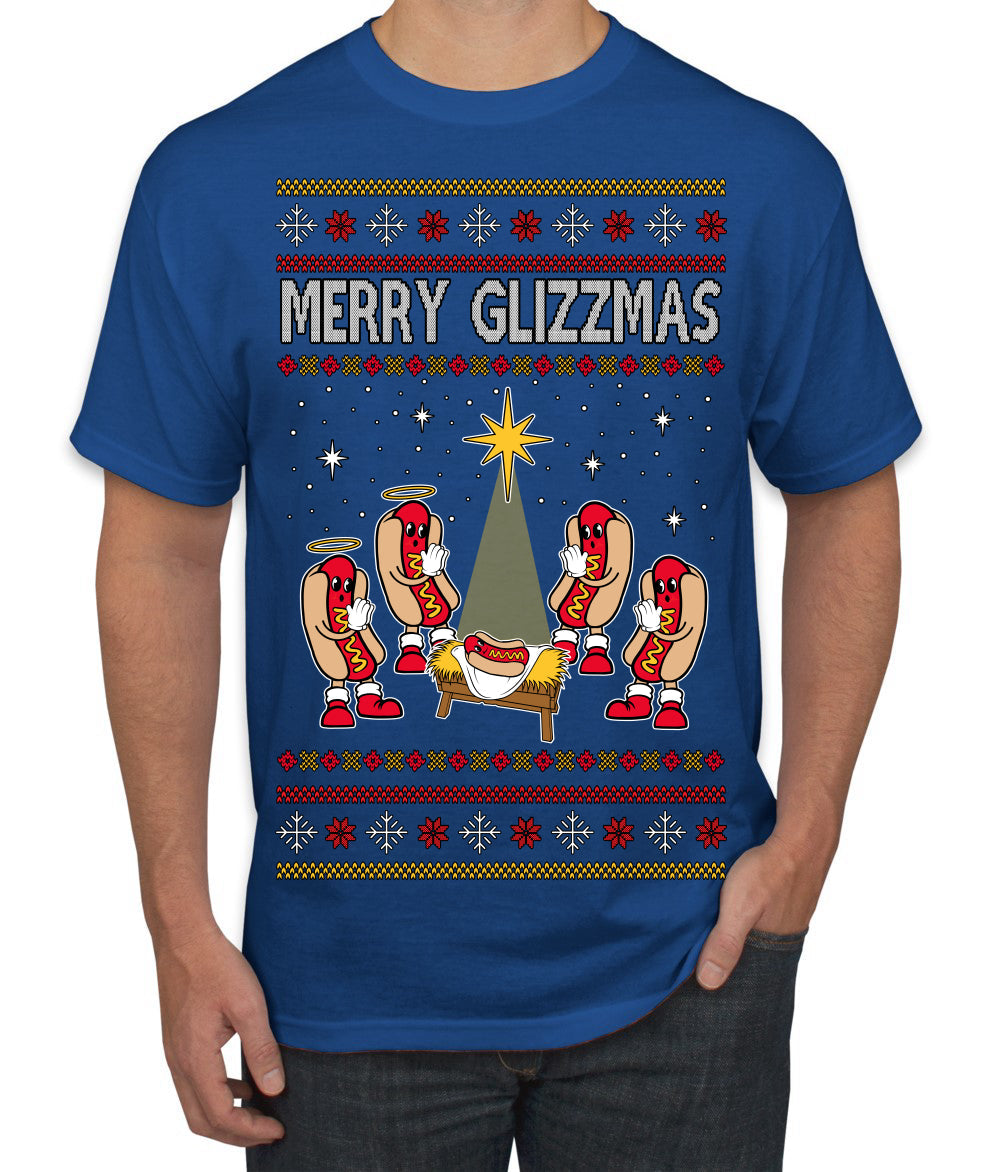 Merry Glizzmas, Funny Glizzy Hot Dog Baby Jesus Catholic Nativity, Fast Food Mustard Condiment Glizzys Humor Ugly Christmas Sweater Men's T-Shirt