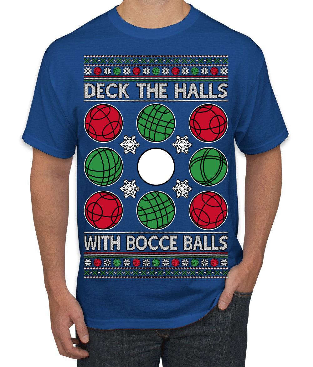 Deck the Halls with Bocce Balls, Funny Classic Italy Italian Sports Ugly Christmas Sweater Men's T-Shirt