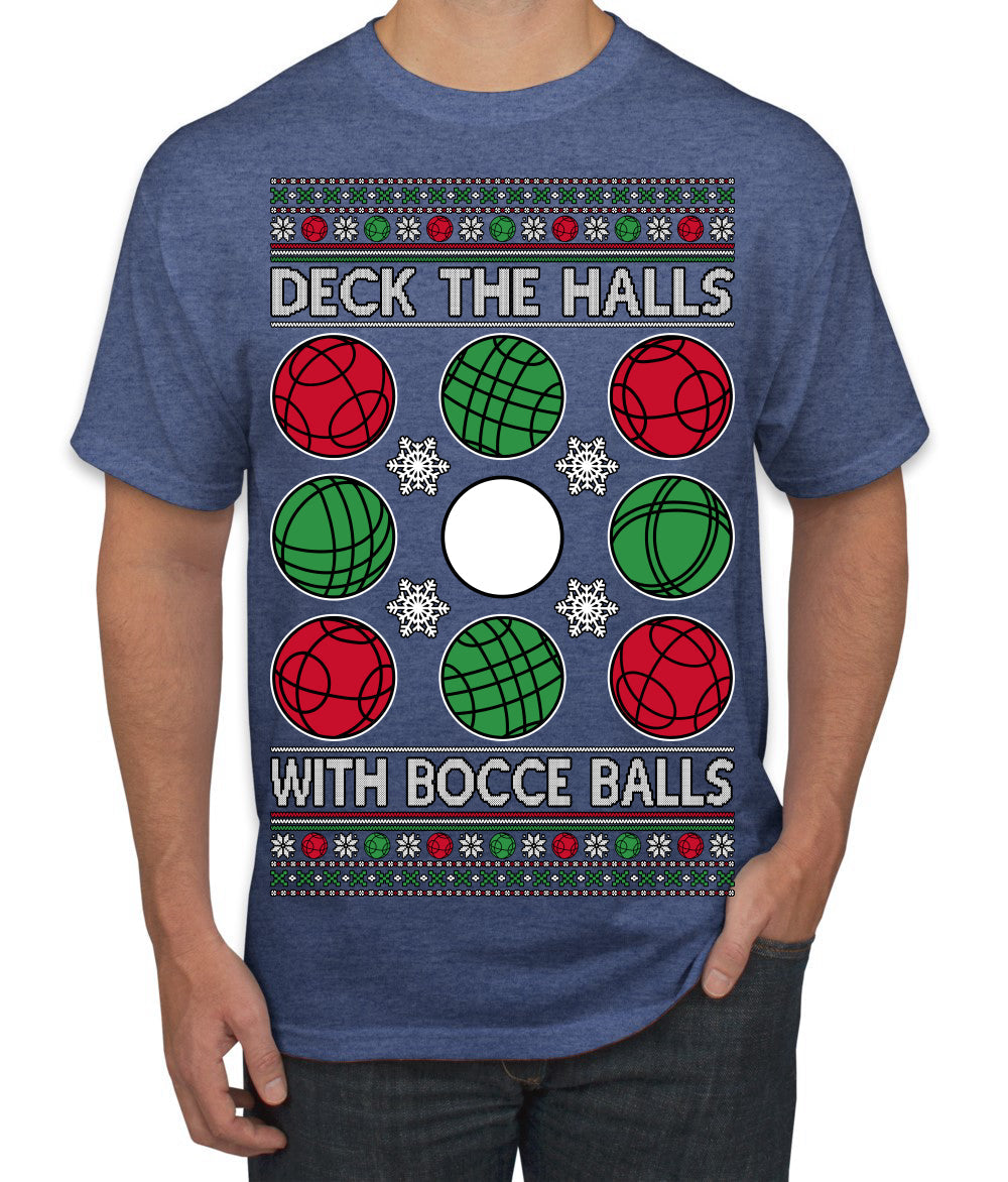 Deck the Halls with Bocce Balls, Funny Classic Italy Italian Sports Ugly Christmas Sweater Men's T-Shirt