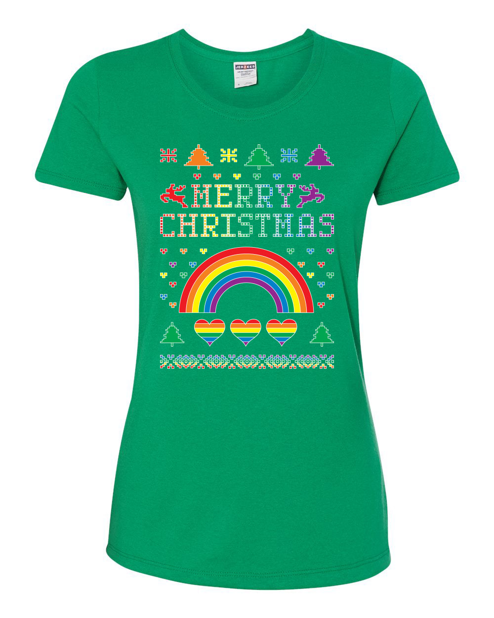 Merry Christmas Rainbow Hearts Womens Graphic T-Shirt