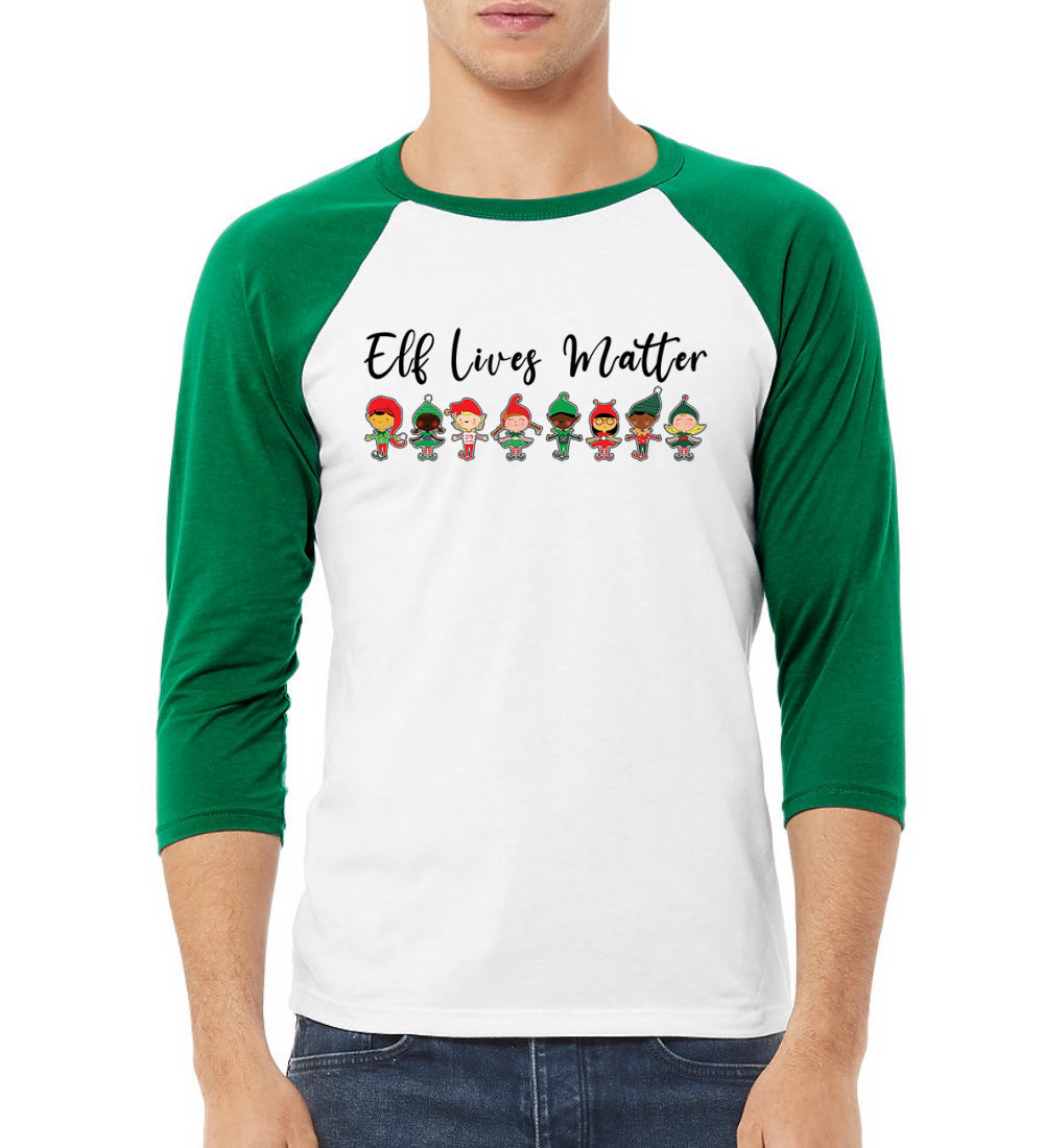 Elf Lives Matter Cute Elves  Christmas 3/4 Sleeve Raglan Unisex Baseball Tee