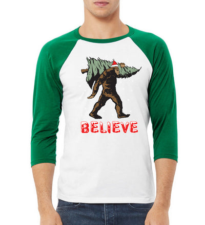 Believe Sanata Sasquatch Bigfoot Christmas Christmas 3/4 Sleeve Raglan Unisex Baseball Tee