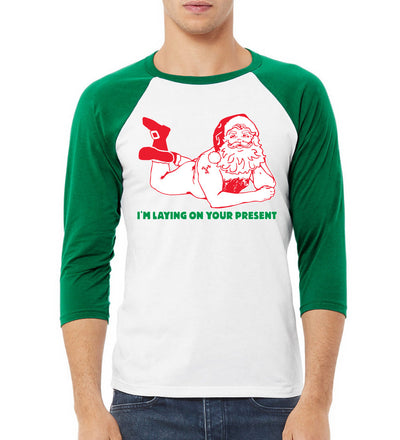 Sexy Santa Im Laying on your Present Ugly Christmas Christmas 3/4 Sleeve Raglan Unisex Baseball Tee
