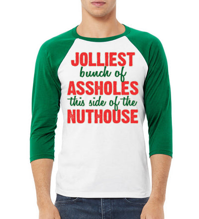 Jolliest Bunch of Assholes Nuthouse Christmas Vacation Christmas 3/4 Sleeve Raglan Unisex Baseball Tee