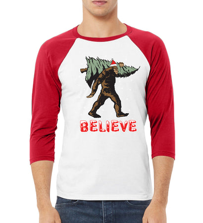 Believe Sanata Sasquatch Bigfoot Christmas Christmas 3/4 Sleeve Raglan Unisex Baseball Tee