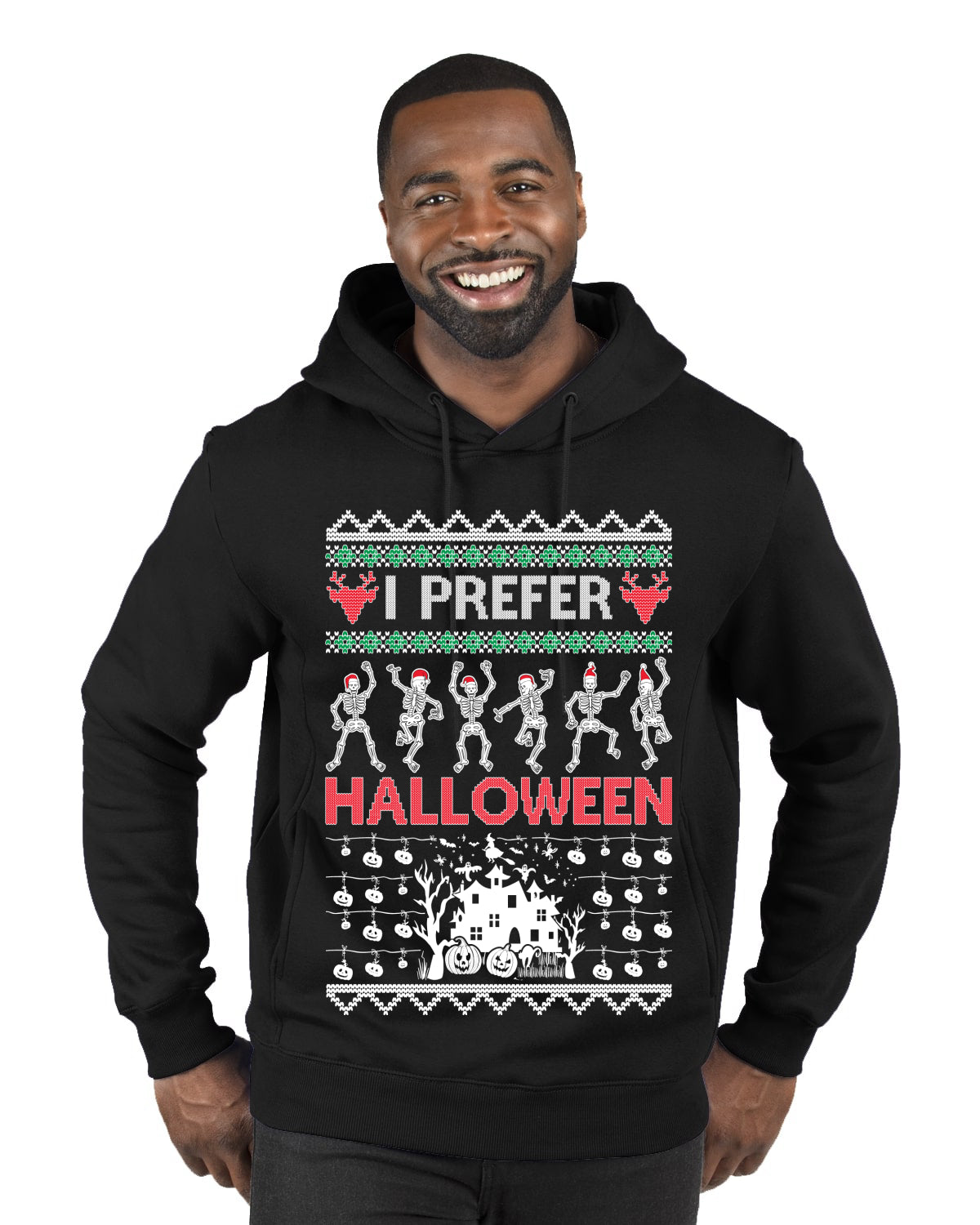 I Prefer Halloween Dancing Skeletons Ugly Christmas Sweater Premium Graphic Hoodie Sweatshirt