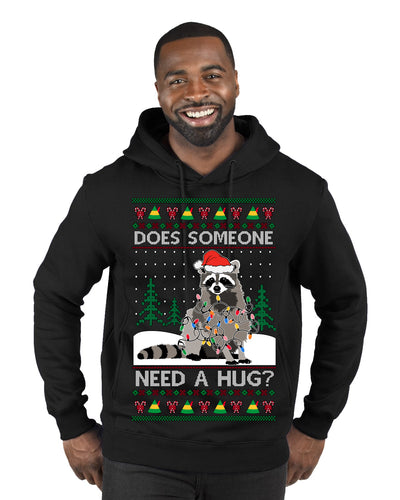 Does Someone Need a Hug? Cute Raccoon Ugly Christmas Sweater Premium Graphic Hoodie Sweatshirt