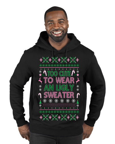 Too Cute to Wear an Ugly Sweater, Funny Classic Pink Candy Cane Reindeer Cute Diva Girl Xmas Ugly Christmas Sweater Premium Graphic Hoodie Sweatshirt