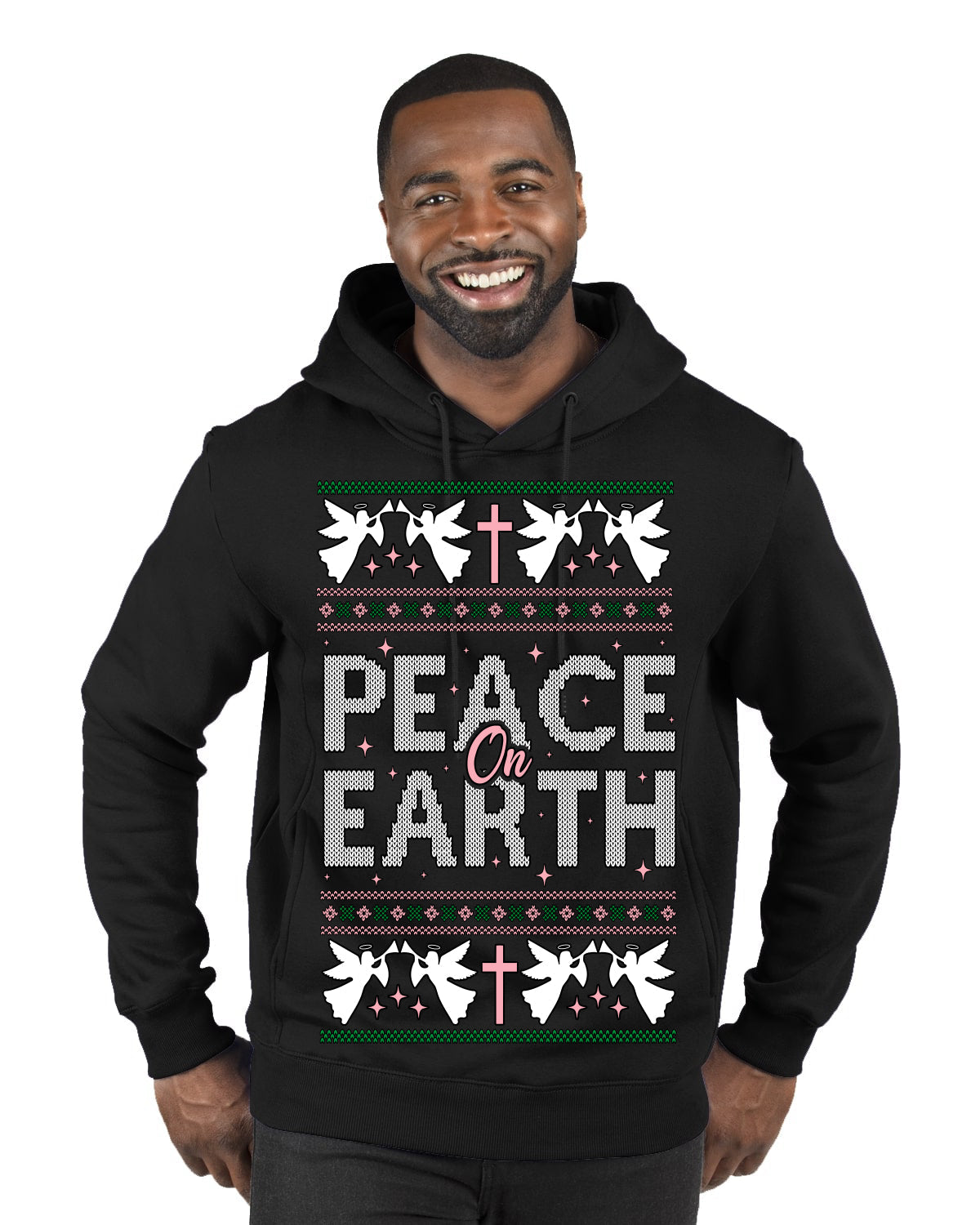 Peace On Earth Funny Xmas Cute Pink Angel Cross Ugly Christmas Sweater Premium Graphic Hoodie Sweatshirt