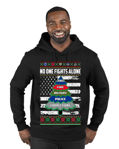 No One Fights Alone Holiday First Responder Police Fire Emt Ugly Christmas Sweater Premium Graphic Hoodie Sweatshirt