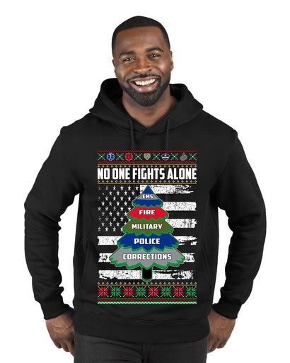 No One Fights Alone Holiday First Responder Police Fire Emt Ugly Christmas Sweater Premium Graphic Hoodie Sweatshirt