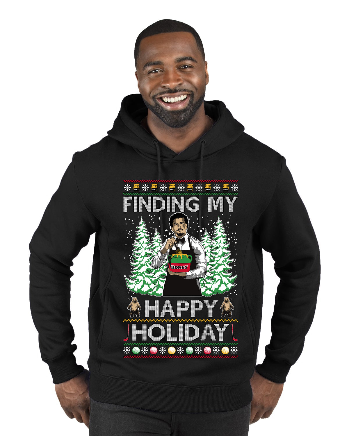 Finding My Happy Holiday, Ugly Christmas Sweater Premium Graphic Hoodie Sweatshirt