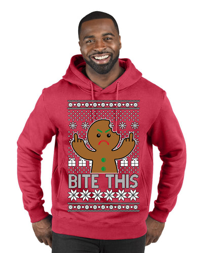 Bite This, Funny Gingerbread Cookie Offensive Inappropriate Middle Finger, F U Ginger Bread Dirty Novelty Xmas Ugly Christmas Sweater Premium Graphic Hoodie Sweatshirt