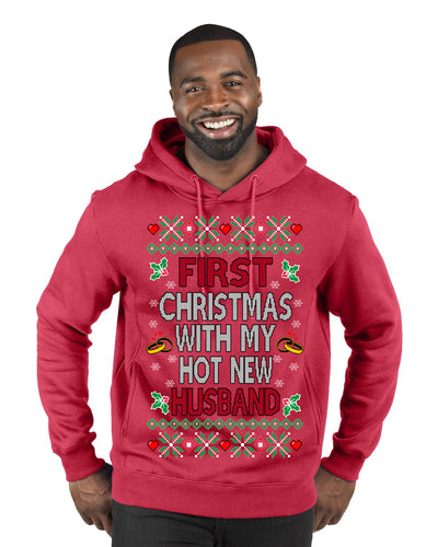 First Christmas With My Hot New Husband Classic Newlywed Ugly Christmas Sweater Premium Graphic Hoodie Sweatshirt