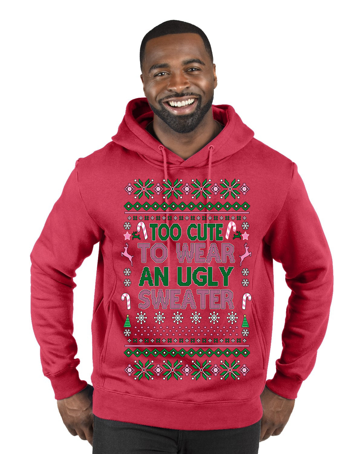 Too Cute to Wear an Ugly Sweater, Funny Classic Pink Candy Cane Reindeer Cute Diva Girl Xmas Ugly Christmas Sweater Premium Graphic Hoodie Sweatshirt