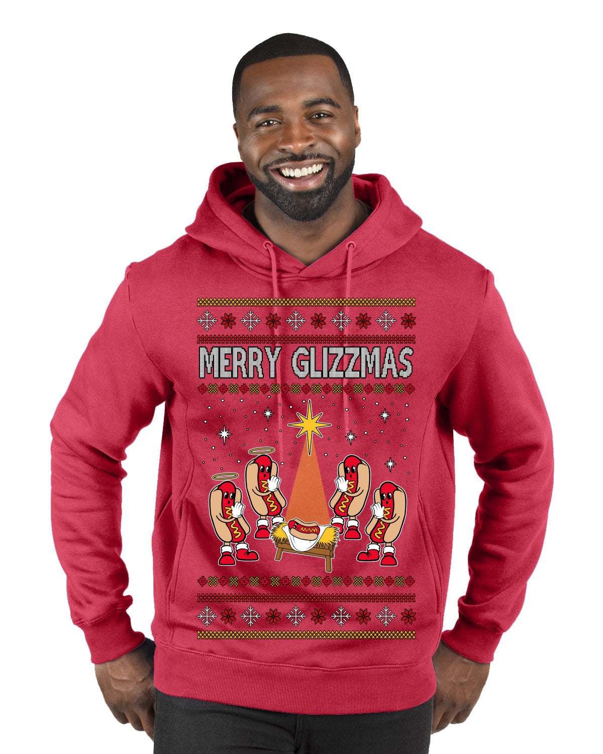 Merry Glizzmas, Funny Glizzy Hot Dog Baby Jesus Catholic Nativity, Fast Food Mustard Condiment Glizzys Humor Ugly Christmas Sweater Premium Graphic Hoodie Sweatshirt