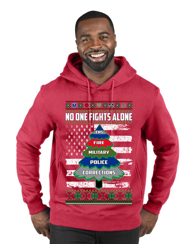 No One Fights Alone Holiday First Responder Police Fire Emt Ugly Christmas Sweater Premium Graphic Hoodie Sweatshirt