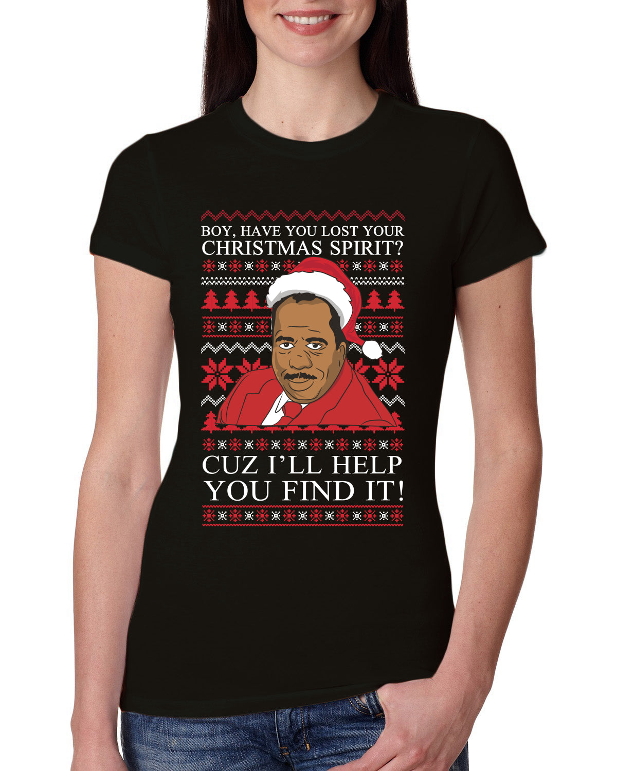 Christmas Spirit I'll Help You Find It Stanley Hudson Ugly Christmas Sweater Womens Slim Fit Junior Tee