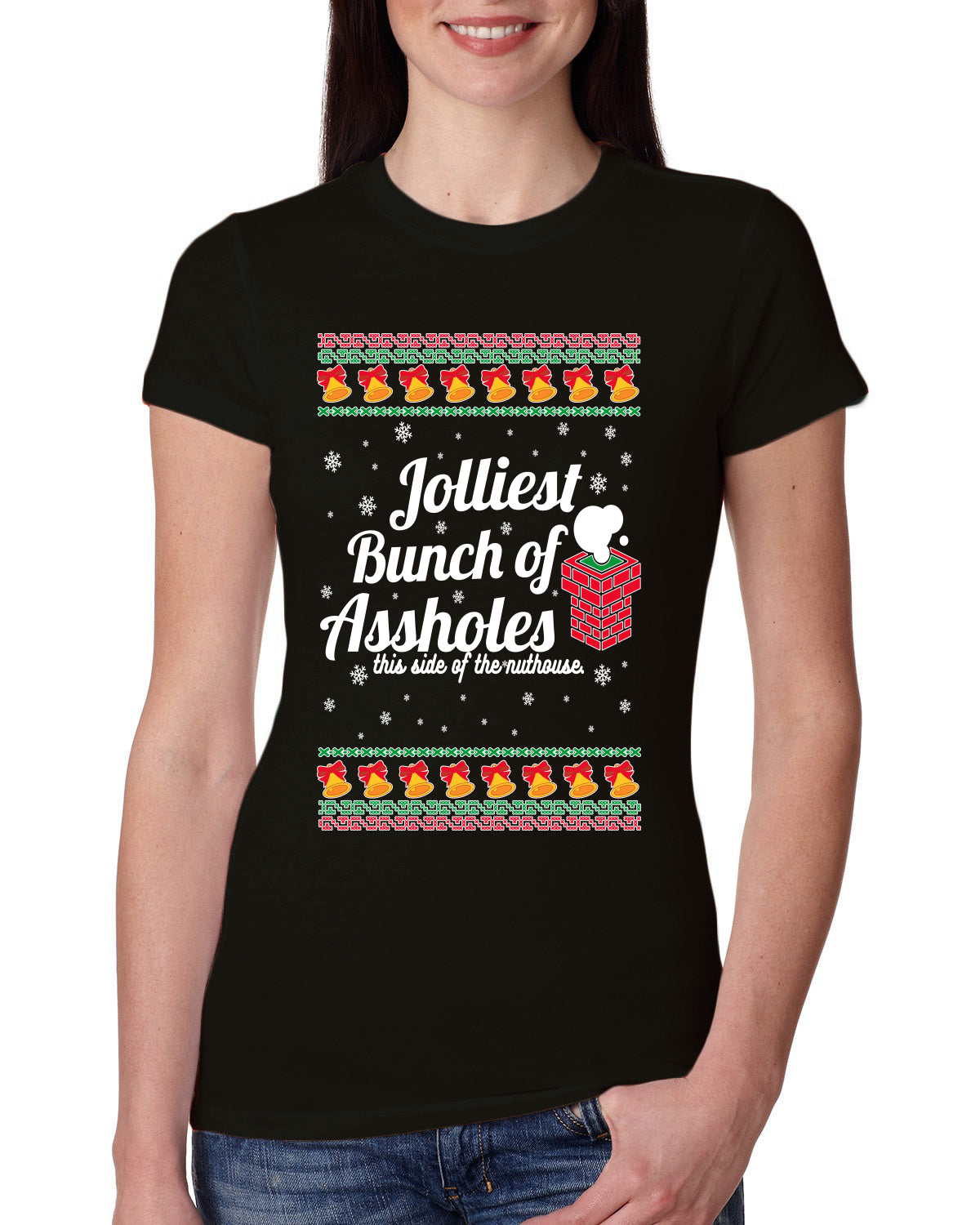 Jolliest Bunch of Assholes Xmas Movie Ugly Christmas Sweater Womens Slim Fit Junior Tee