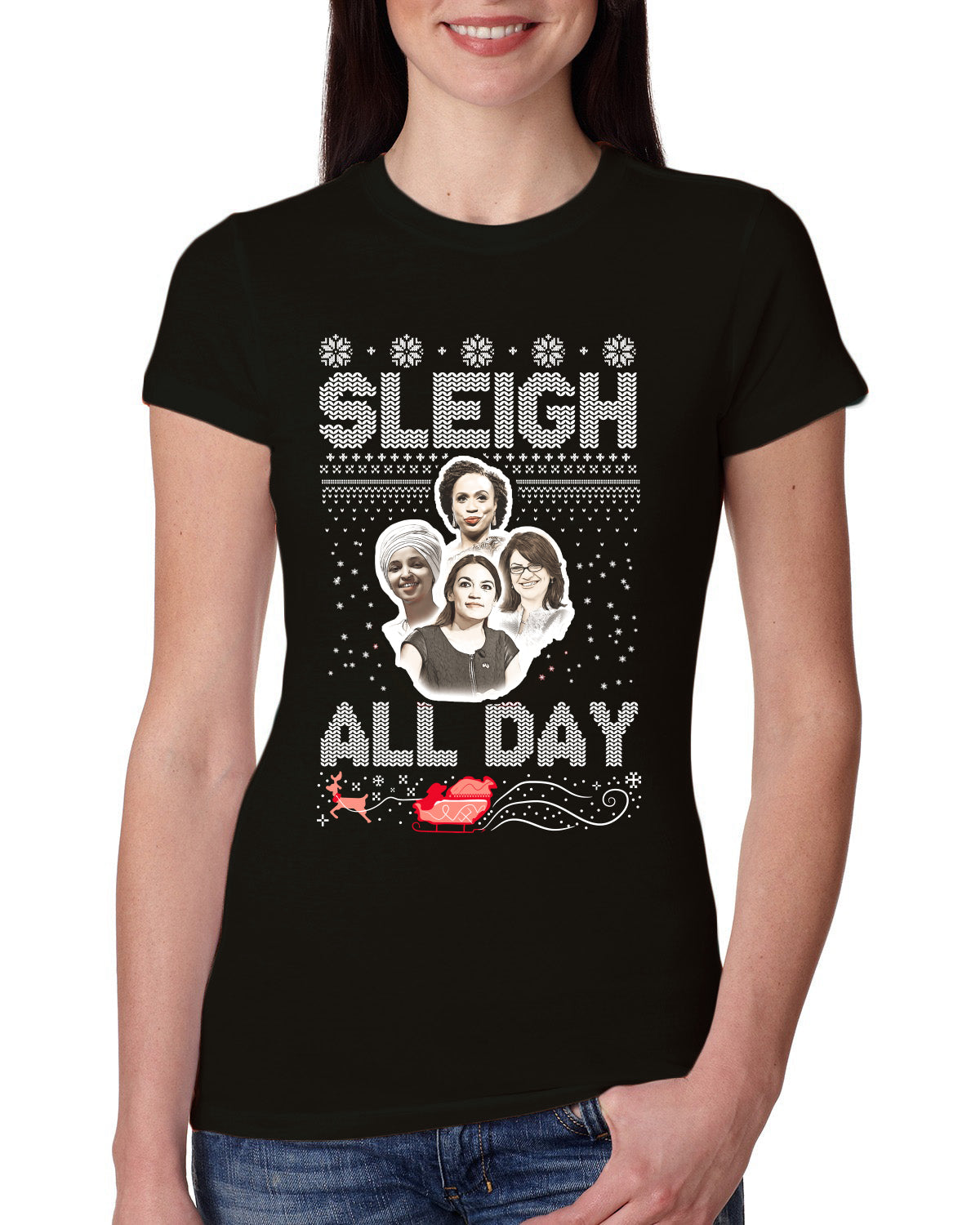 AOC The Squad Congresswomen Sleigh All Day Xmas Ugly Christmas Sweater Womens Slim Fit Junior Tee