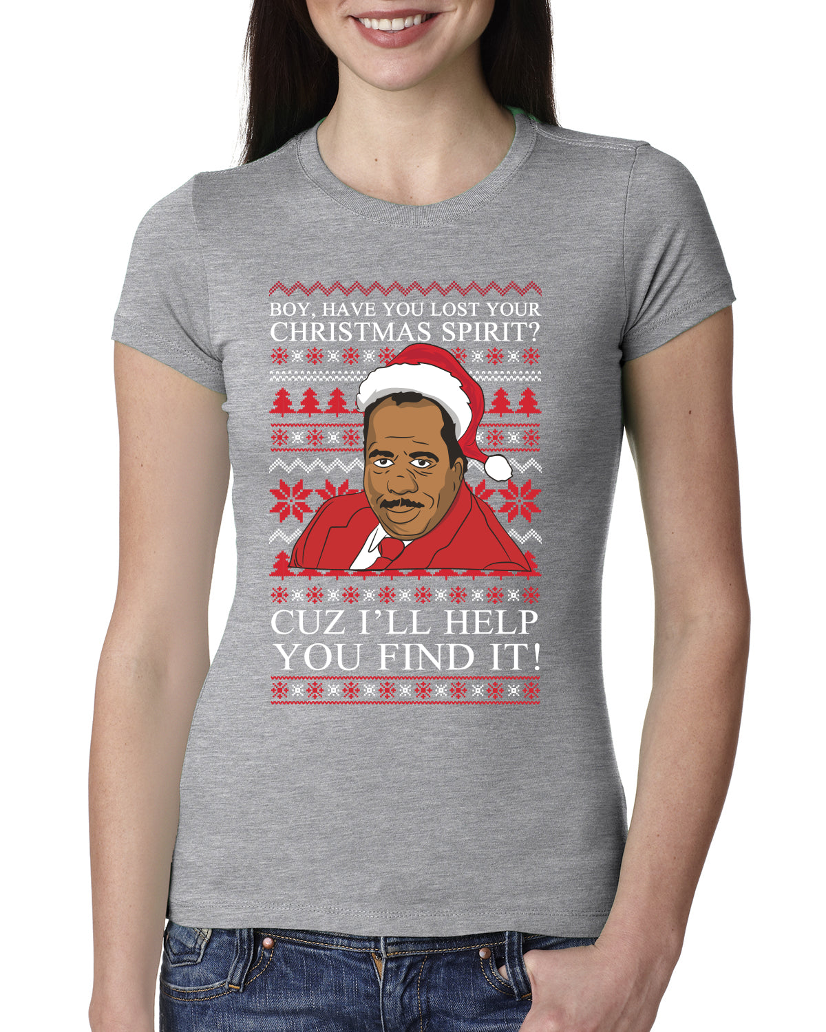 Christmas Spirit I'll Help You Find It Stanley Hudson Ugly Christmas Sweater Womens Slim Fit Junior Tee