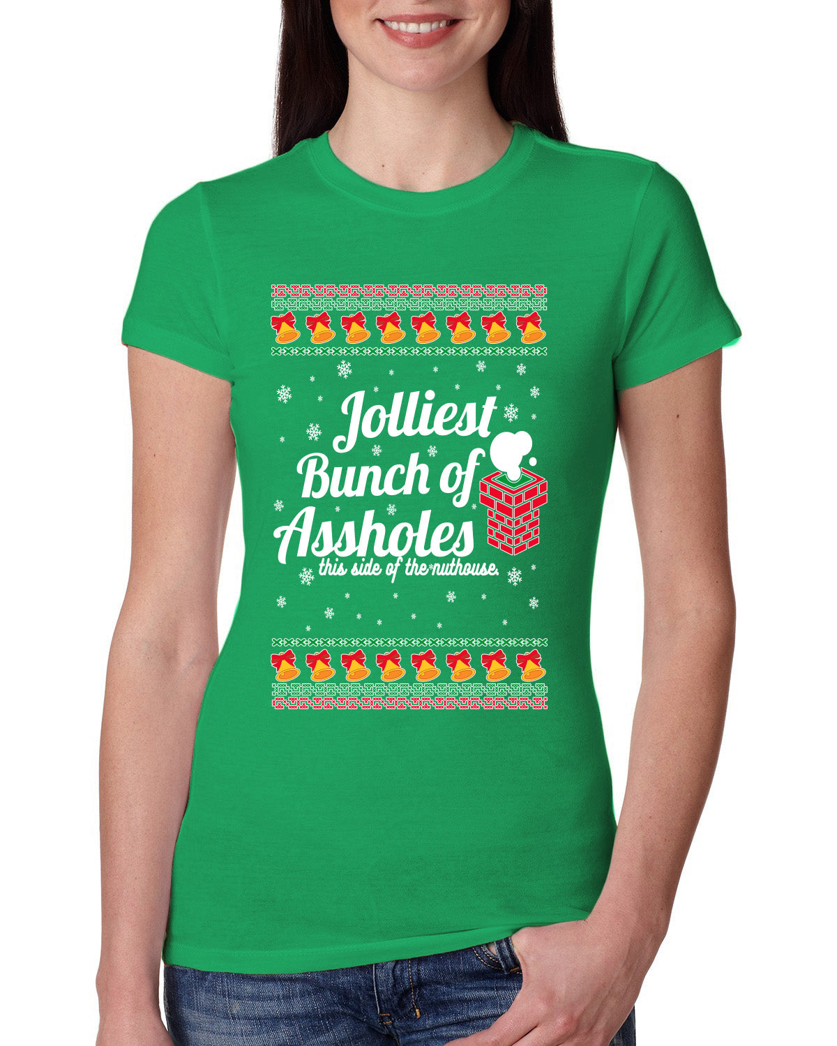 Jolliest Bunch of Assholes Xmas Movie Ugly Christmas Sweater Womens Slim Fit Junior Tee