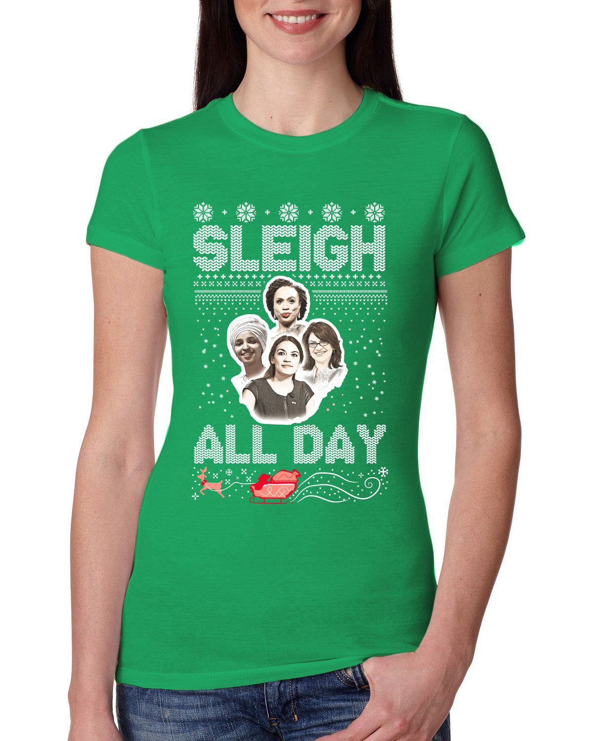 AOC The Squad Congresswomen Sleigh All Day Xmas Ugly Christmas Sweater Womens Slim Fit Junior Tee