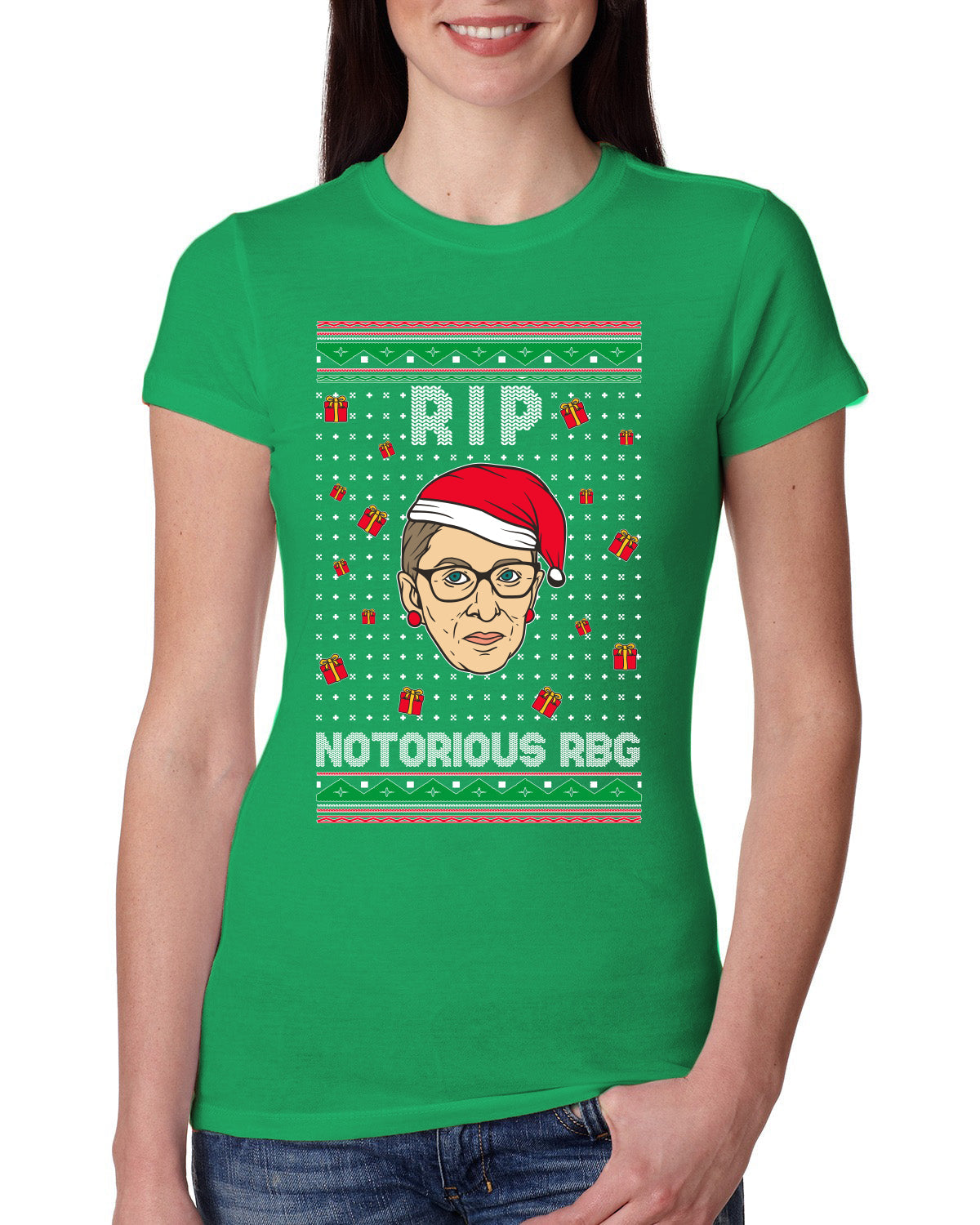 RIP Notorious RBG Ruth Bader Ginsburg Ugly Christmas Sweater Womens Slim Fit Junior Tee