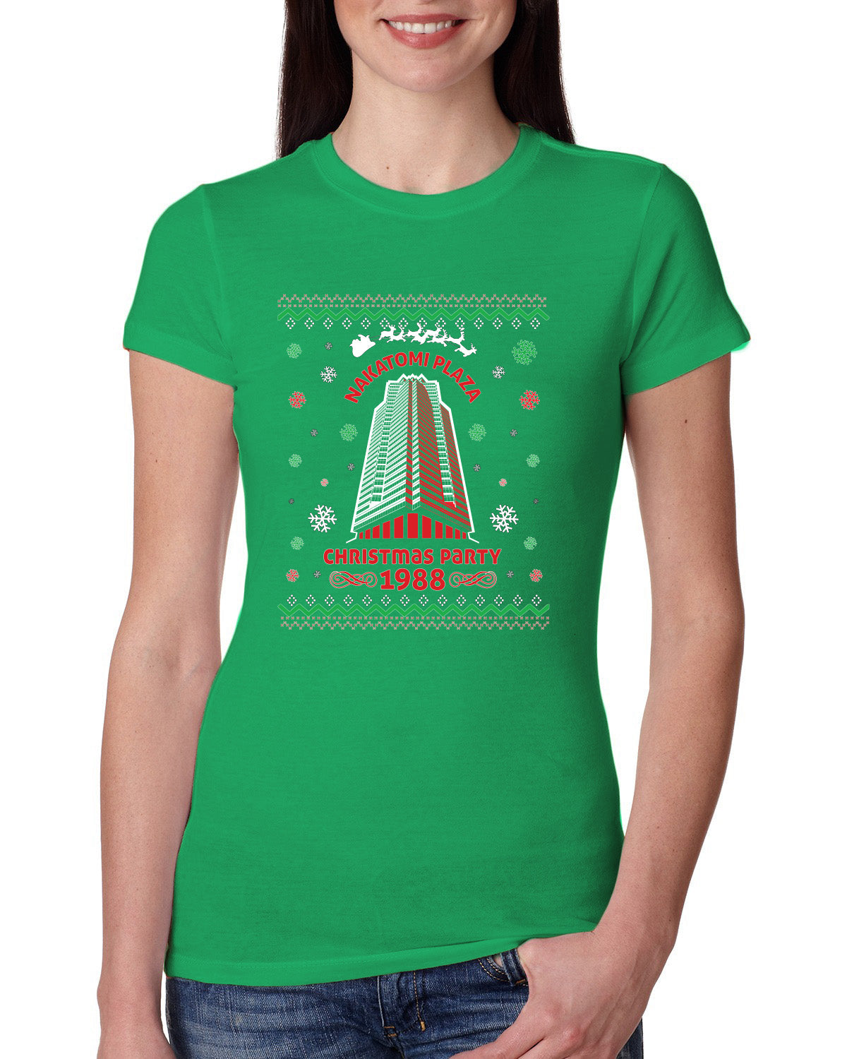 Nakatomi Plaza Christmas Party 1988 Ugly Christmas Sweater Womens Slim Fit Junior Tee
