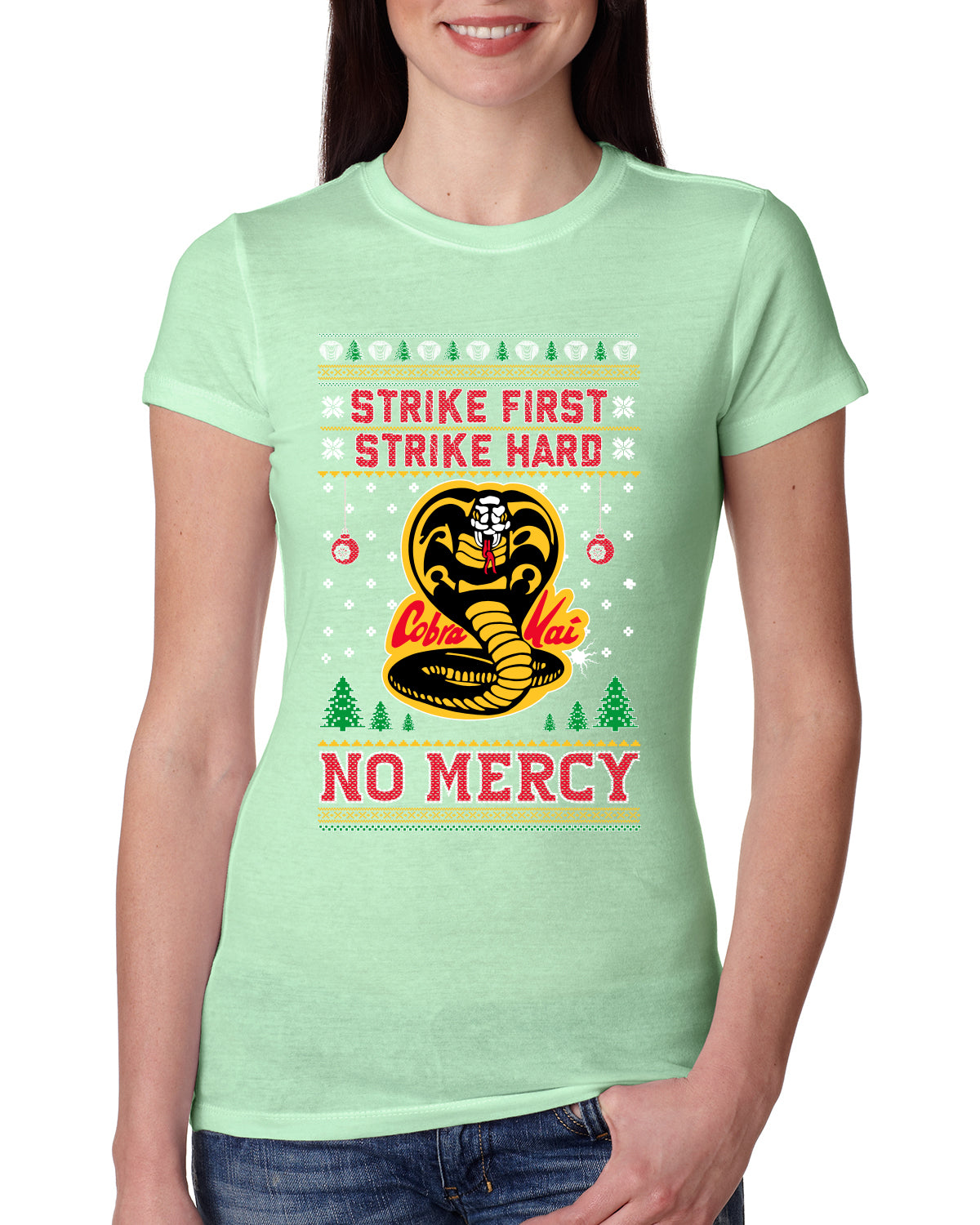 Strike First Strike Hard No Mercy Xmas Ugly Christmas Sweater Womens Slim Fit Junior Tee