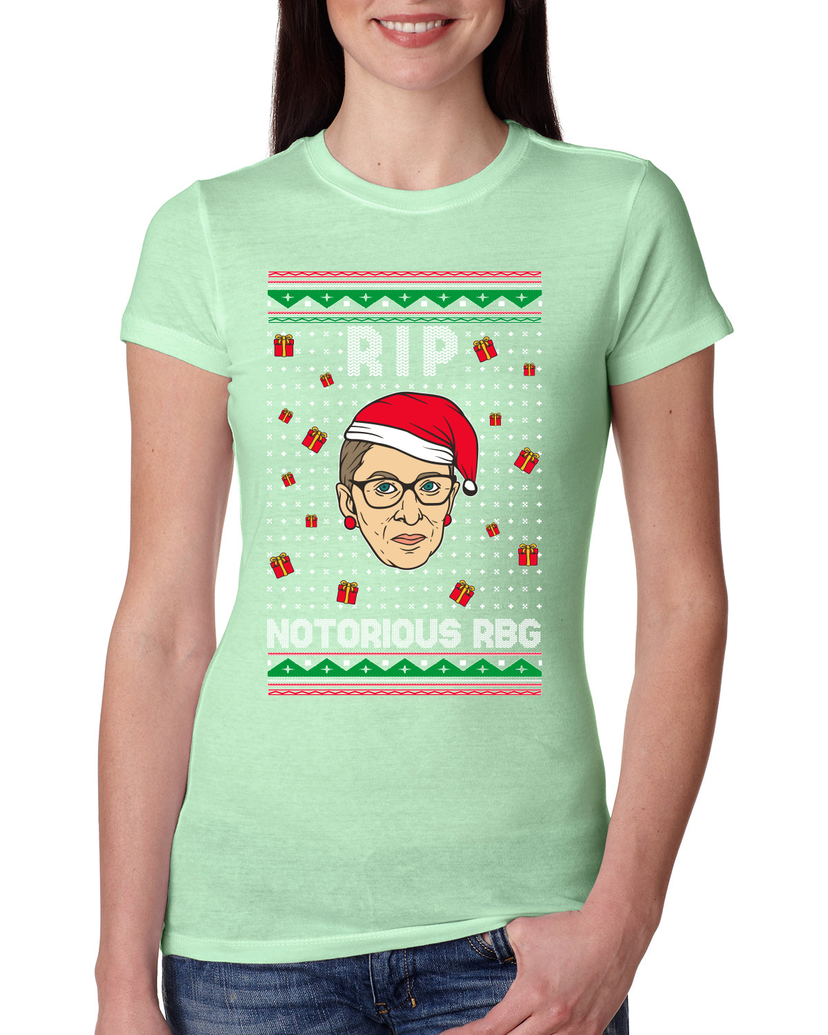 RIP Notorious RBG Ruth Bader Ginsburg Ugly Christmas Sweater Womens Slim Fit Junior Tee